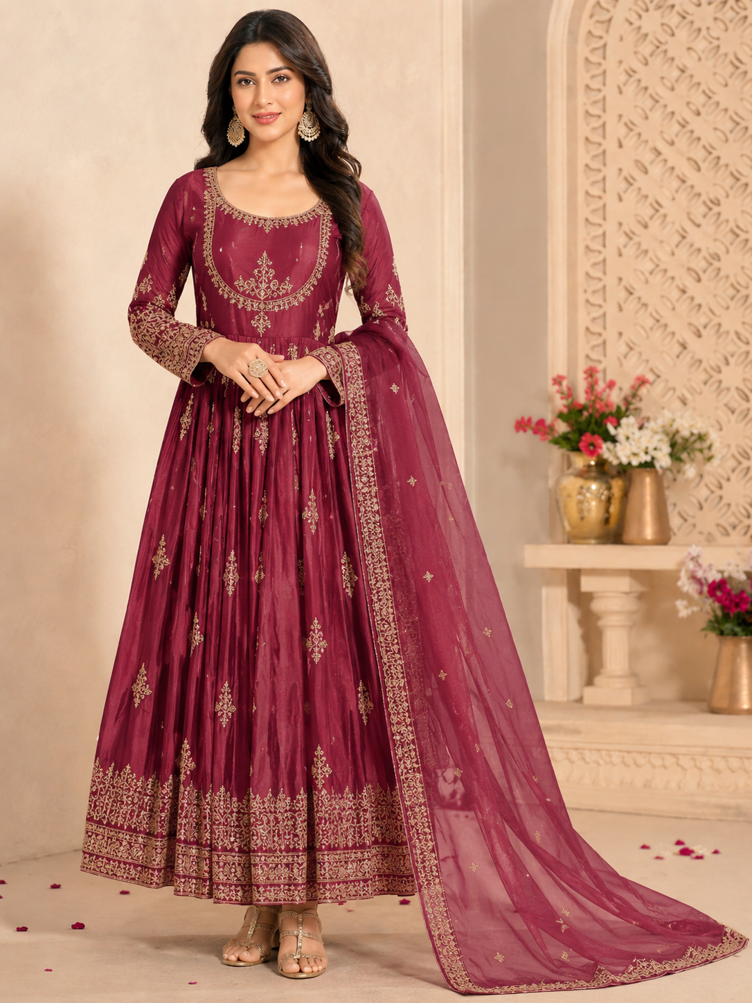 Wine Maroon Soft Silk Gown Party Wear