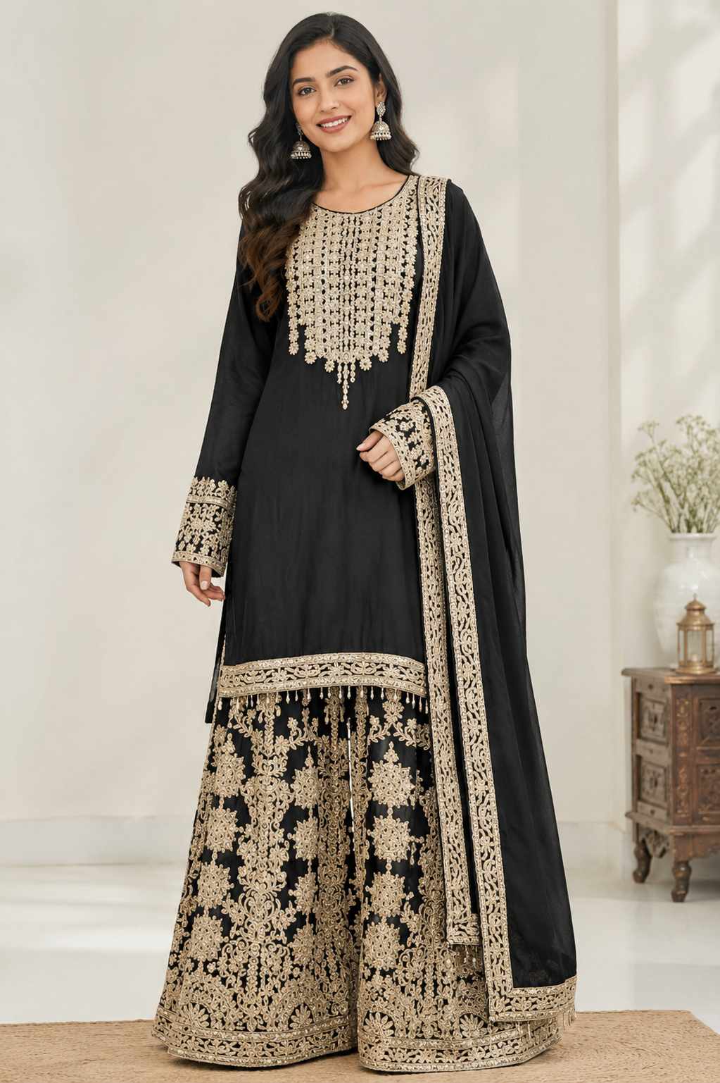 Black Chiffon Silk Kurti Palazzo Set with Chiffon Dupatta