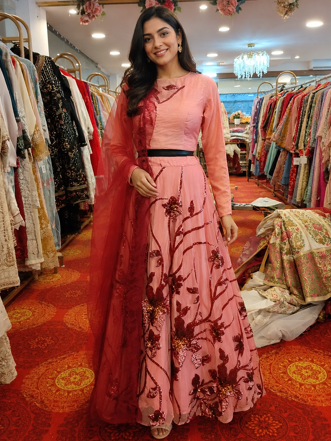 Designer Pink Sequin Embroidered Lehenga Set with Net Dupatta