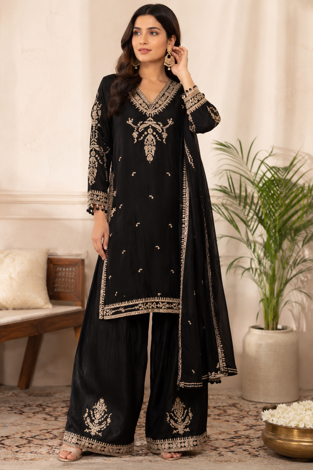 Designer Black Embroidered Party Wear Suit Set with Palazzo And Dupatta