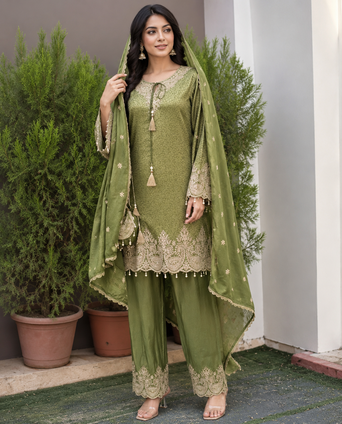 Olive Green Soft Brocade Embroidered Party Wear Suit Set with Dupatta