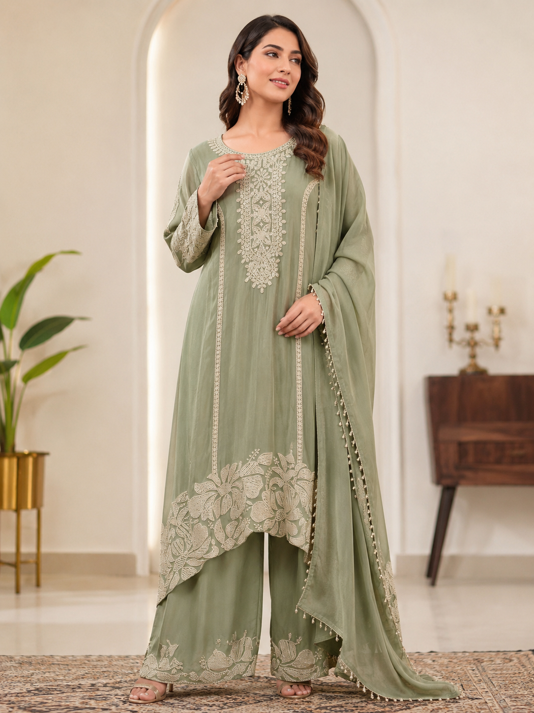 Heavy Pearl Embroidered Designer Suit Set with Palazzo &amp; Dupatta