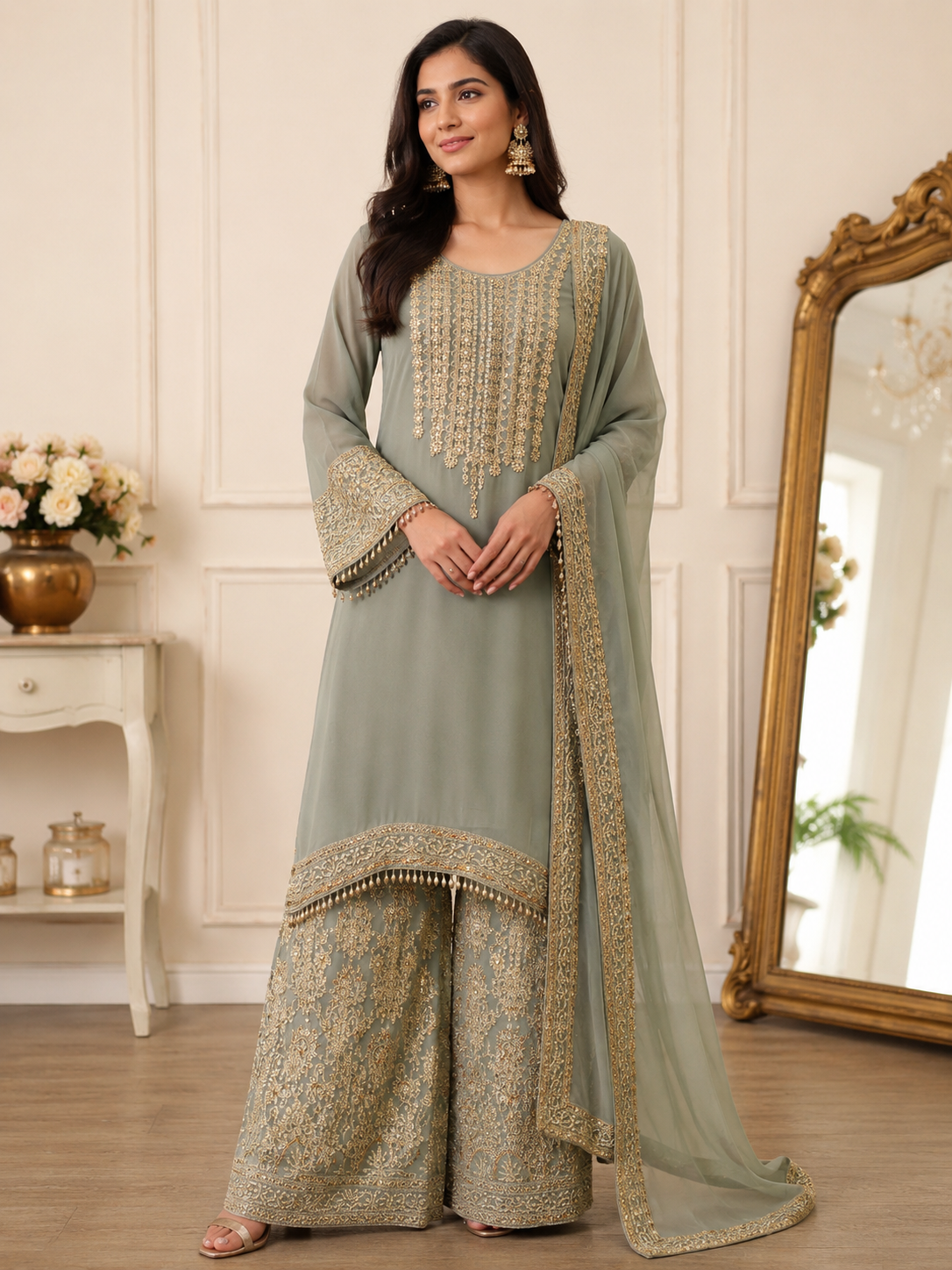 Heavy Designer Embroidered Palazzo Suit Set with Dupatta
