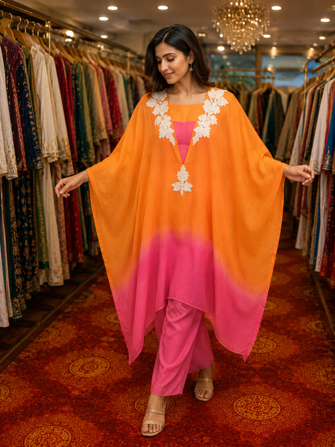 Designer Orange Pink Ombre Kaftan Suit Set