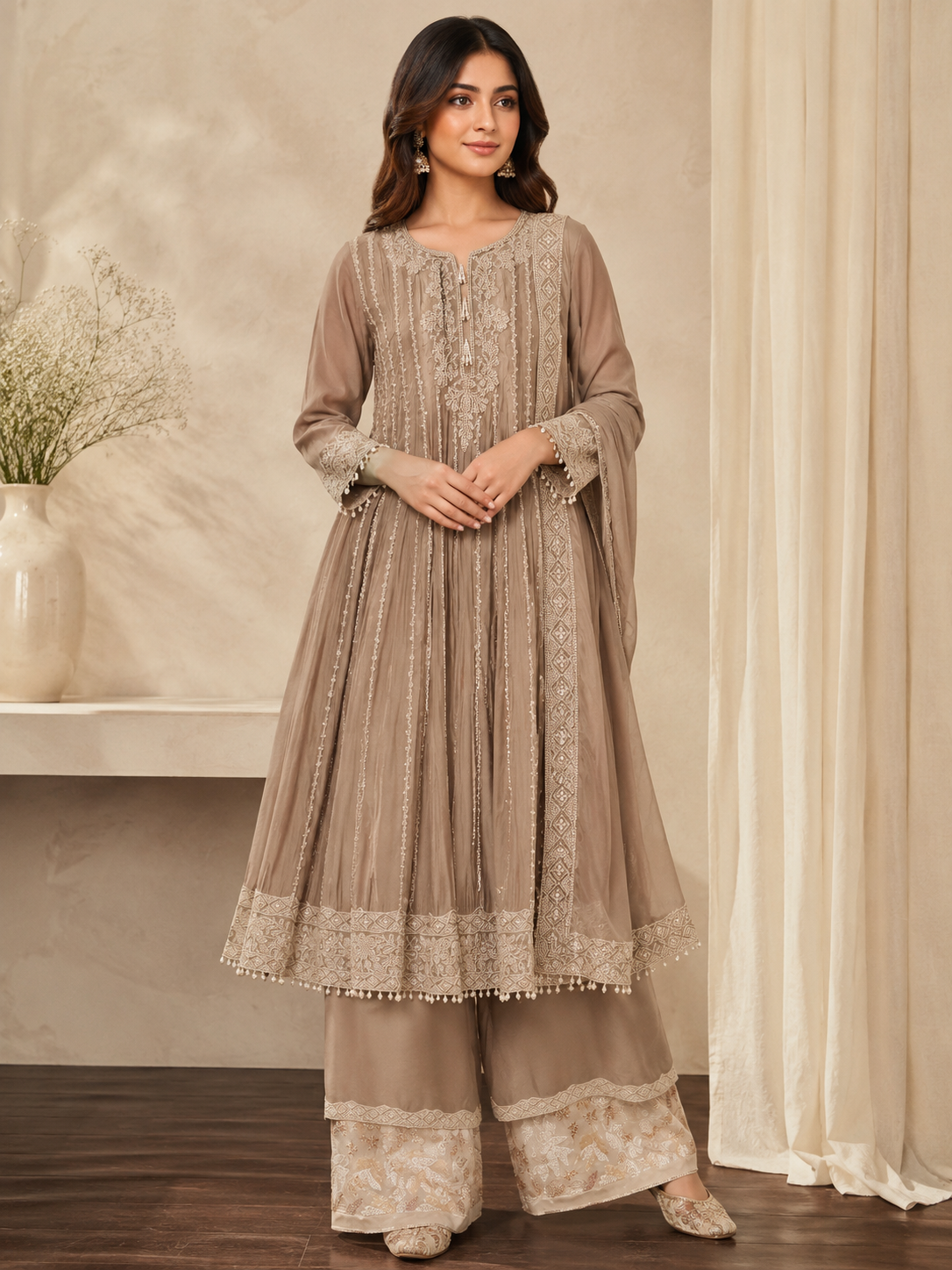 Designer Taupe Embroidered Kali Frock Suit Set with Dupatta