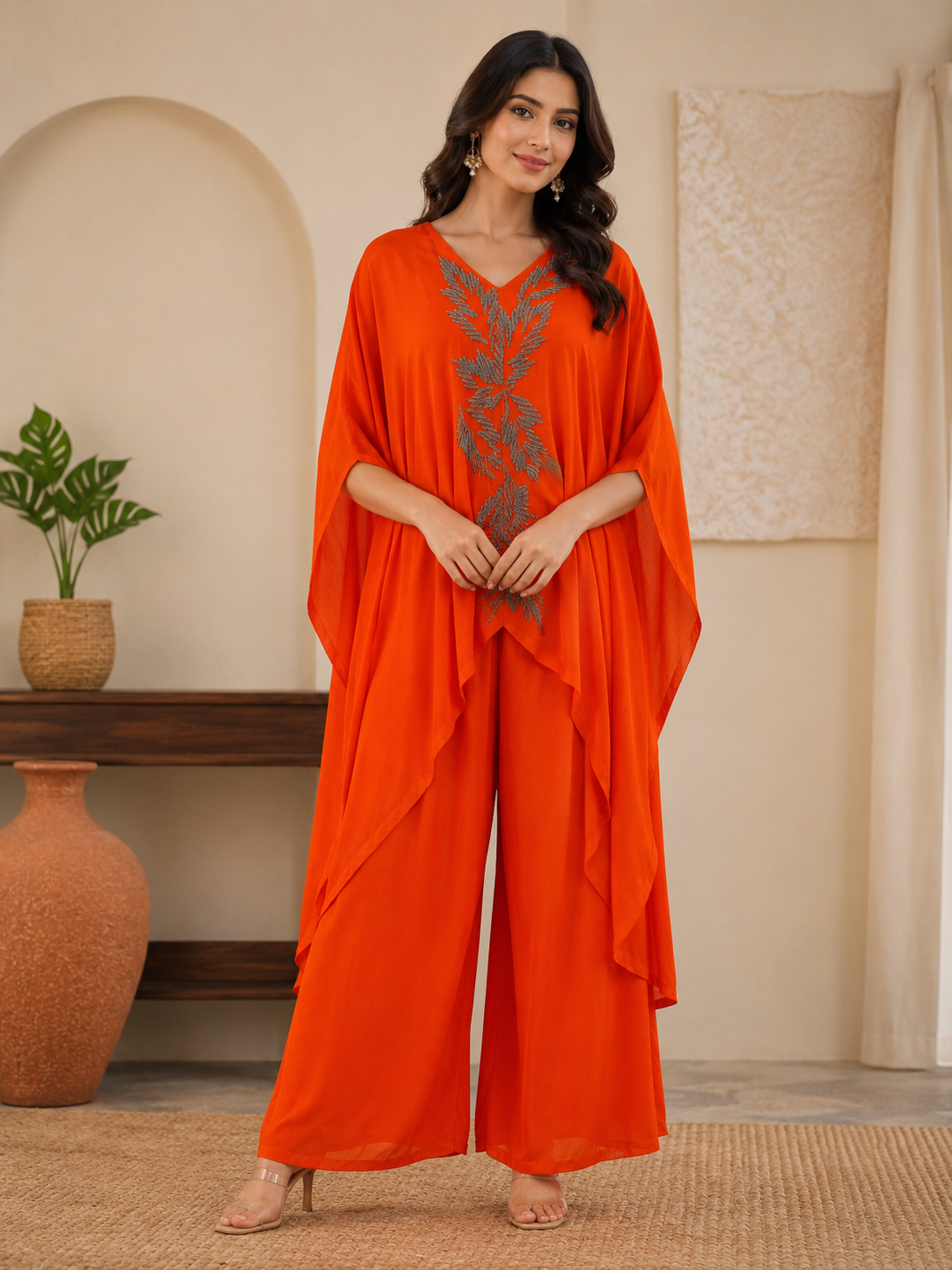Designer Orange Soft Pure Georgette Kaftan Co-Ord Set