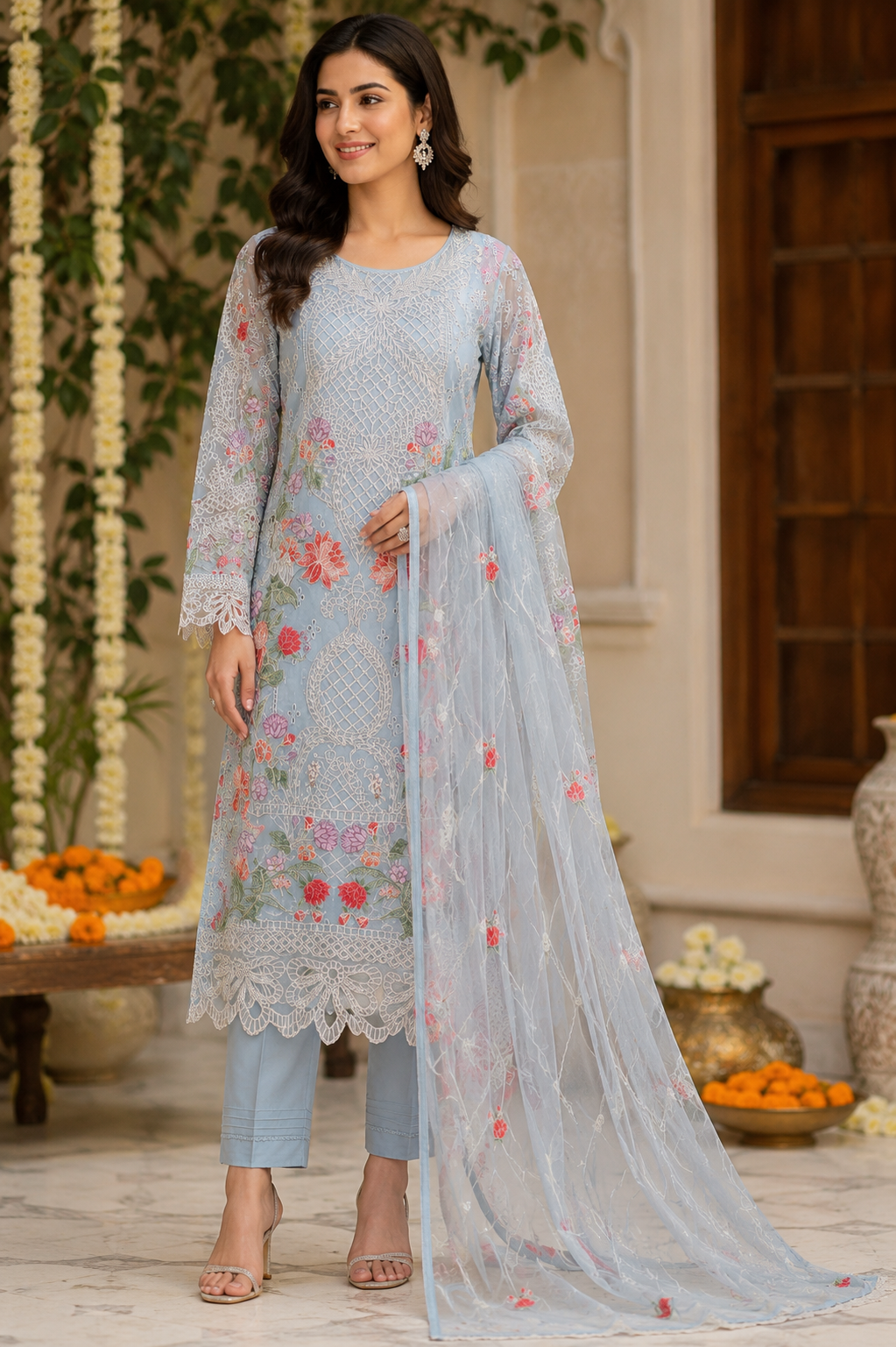Original Pakistani Sky Blue Floral Embroidered Suit Set with Net Dupatta
