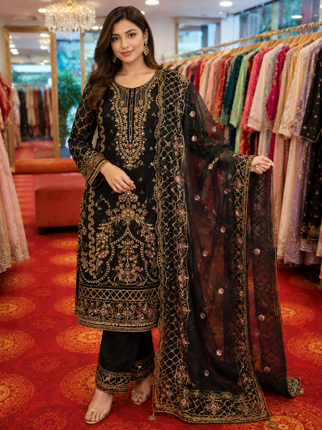Original Pakistani Black Embroidered Suit Set with Designer Net Dupatta
