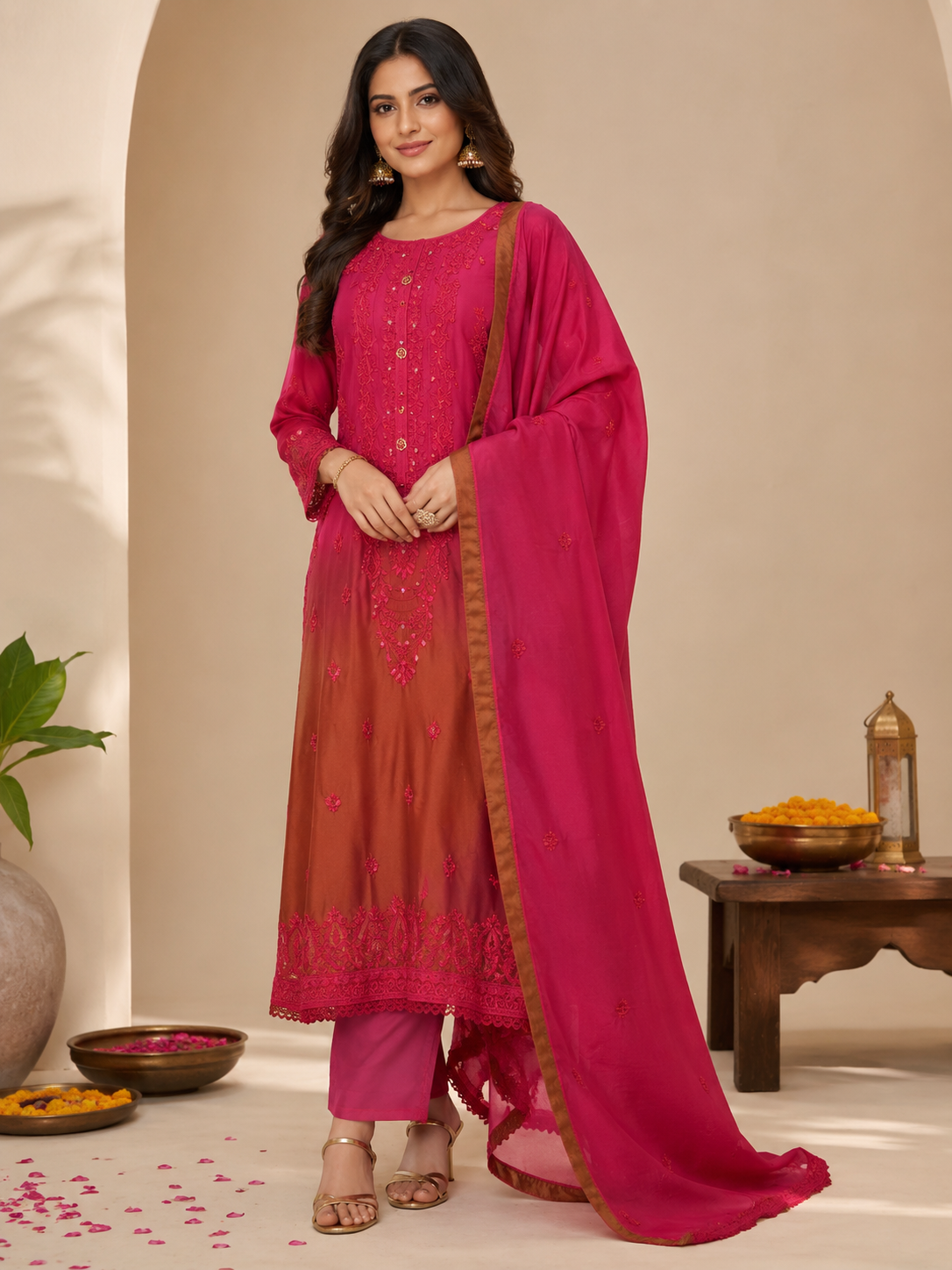Original Pakistani Ombre Pink Embroidered Suit Set with Dupatta