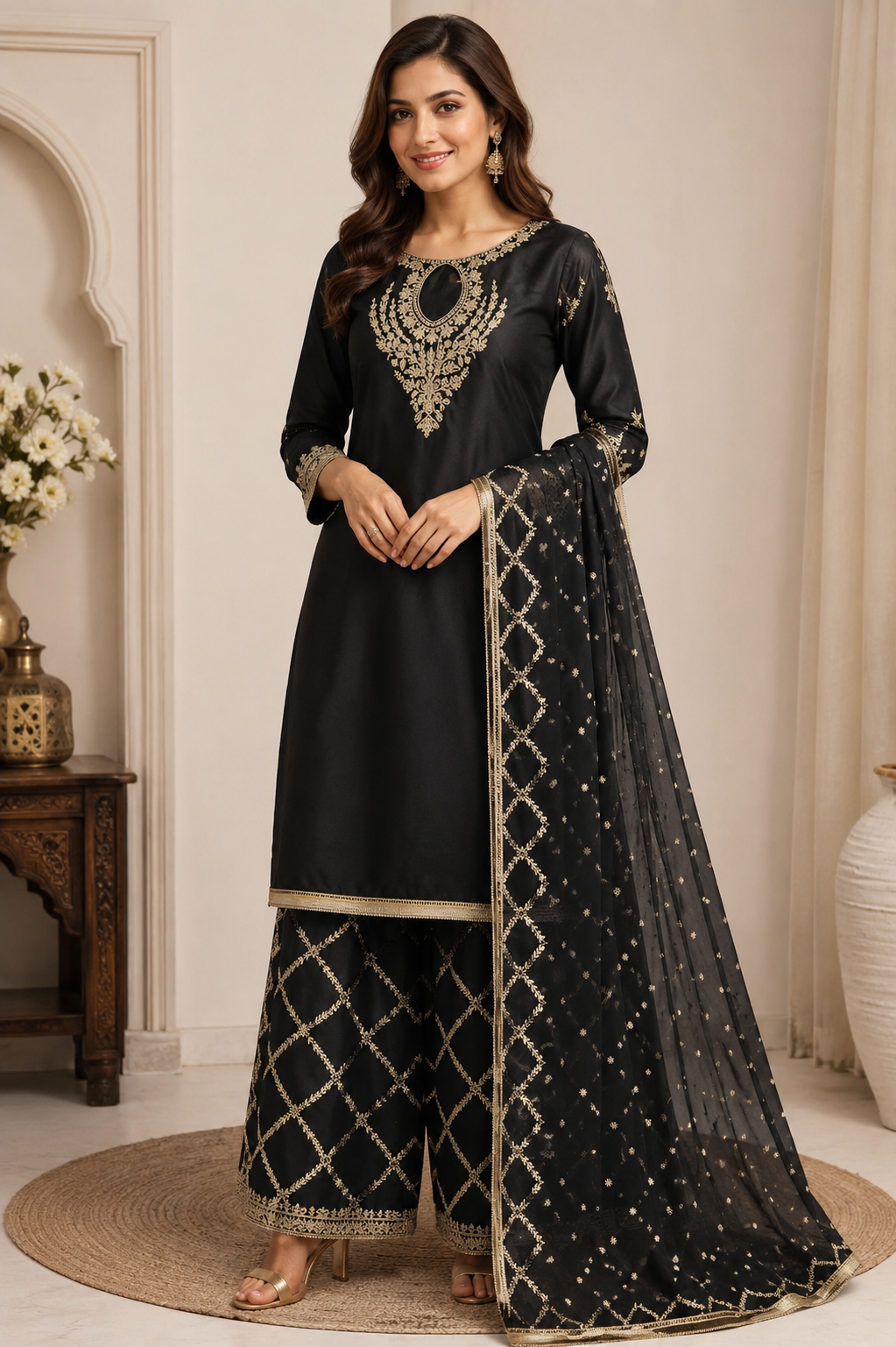 Original Pakistani Black Embroidered Palazzo Suit Set with Designer Net Dupatta