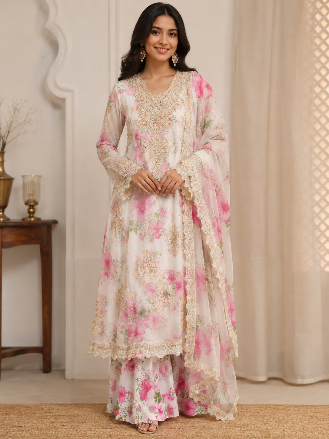 Original Pakistani Floral Embroidered Suit Set with Palazzo &amp; Dupatta