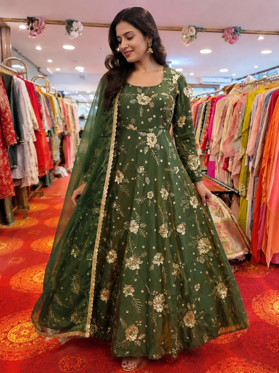 Dark Green Party Wear Designer Embroidered Gown with Dupatta
