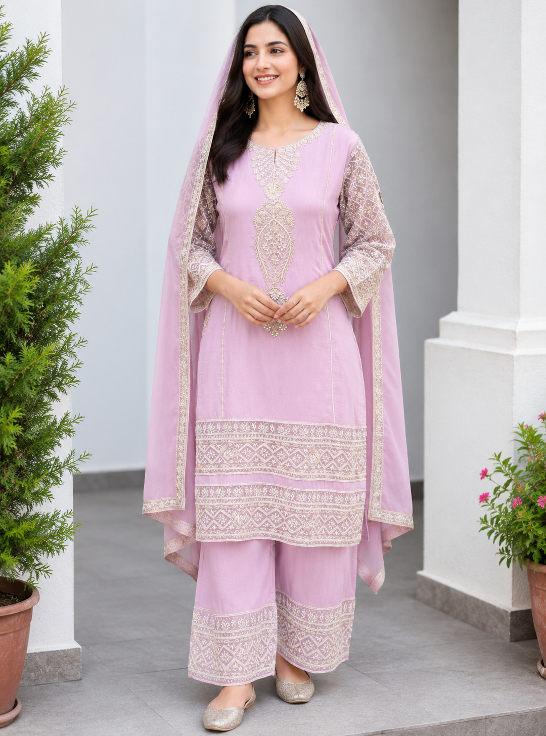 Pearl Work Designer Kurti Set with Palazzo And Dupatta