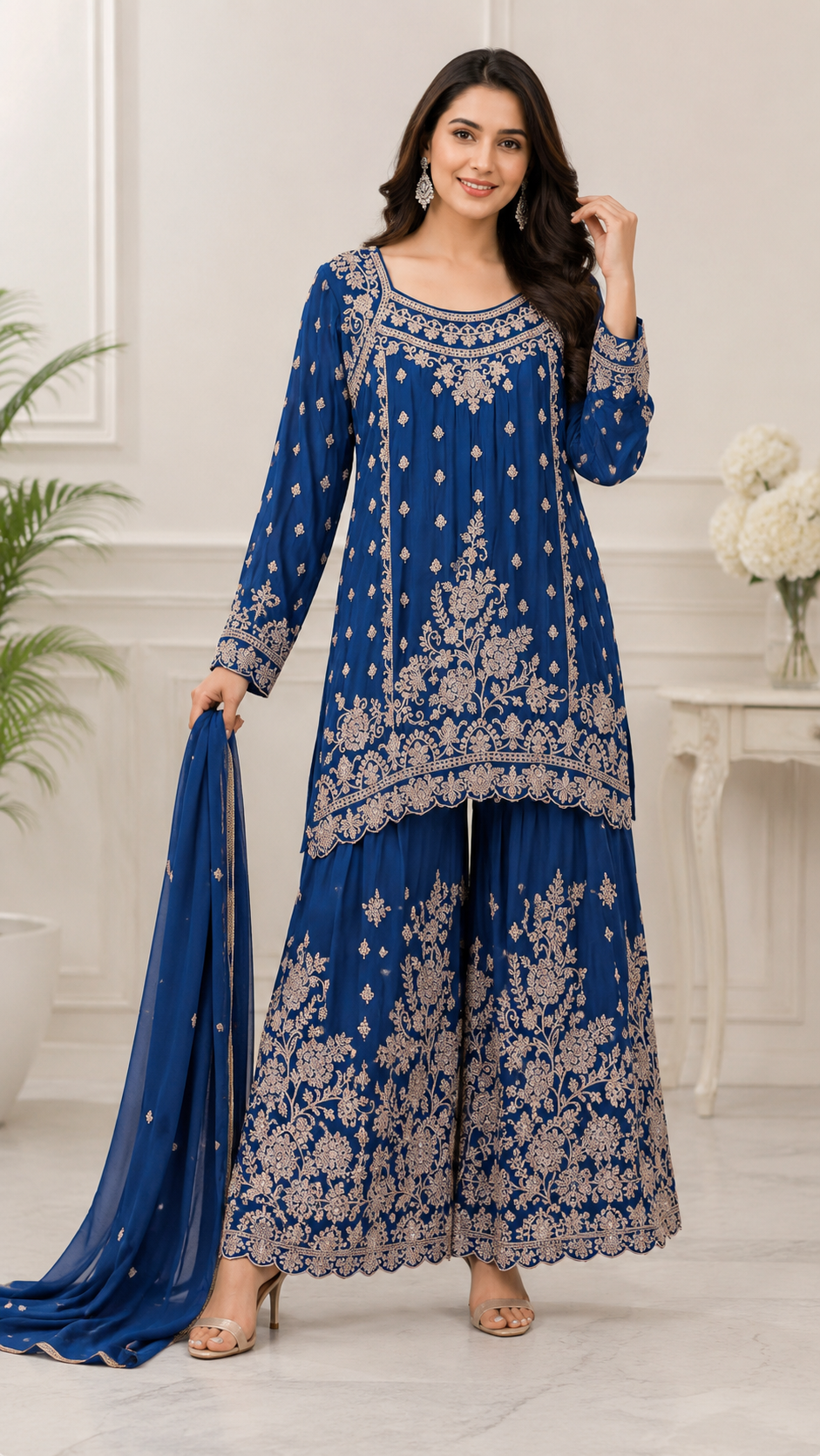 Royal Blue Pearl Work Designer Kurti Set with Palazzo and Dupatta