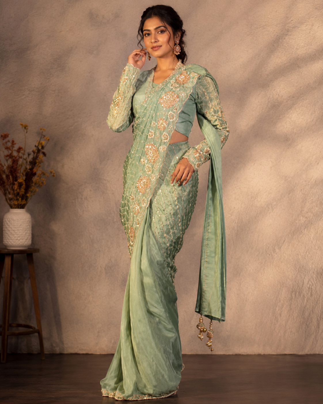 Mint Green Ready-to-Wear Party Wear Saree