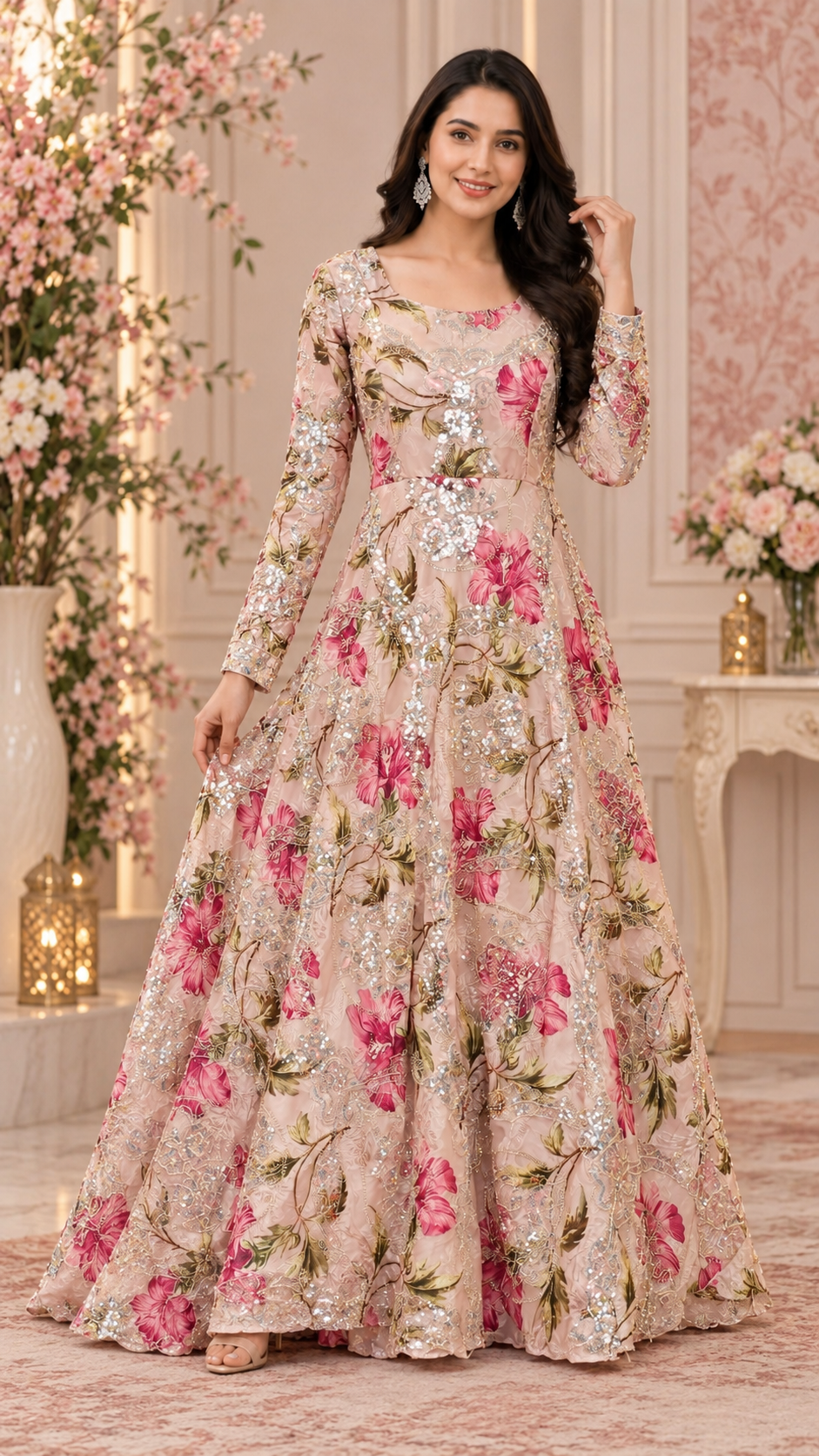 Pink Floral Sequin Anarkali Gown