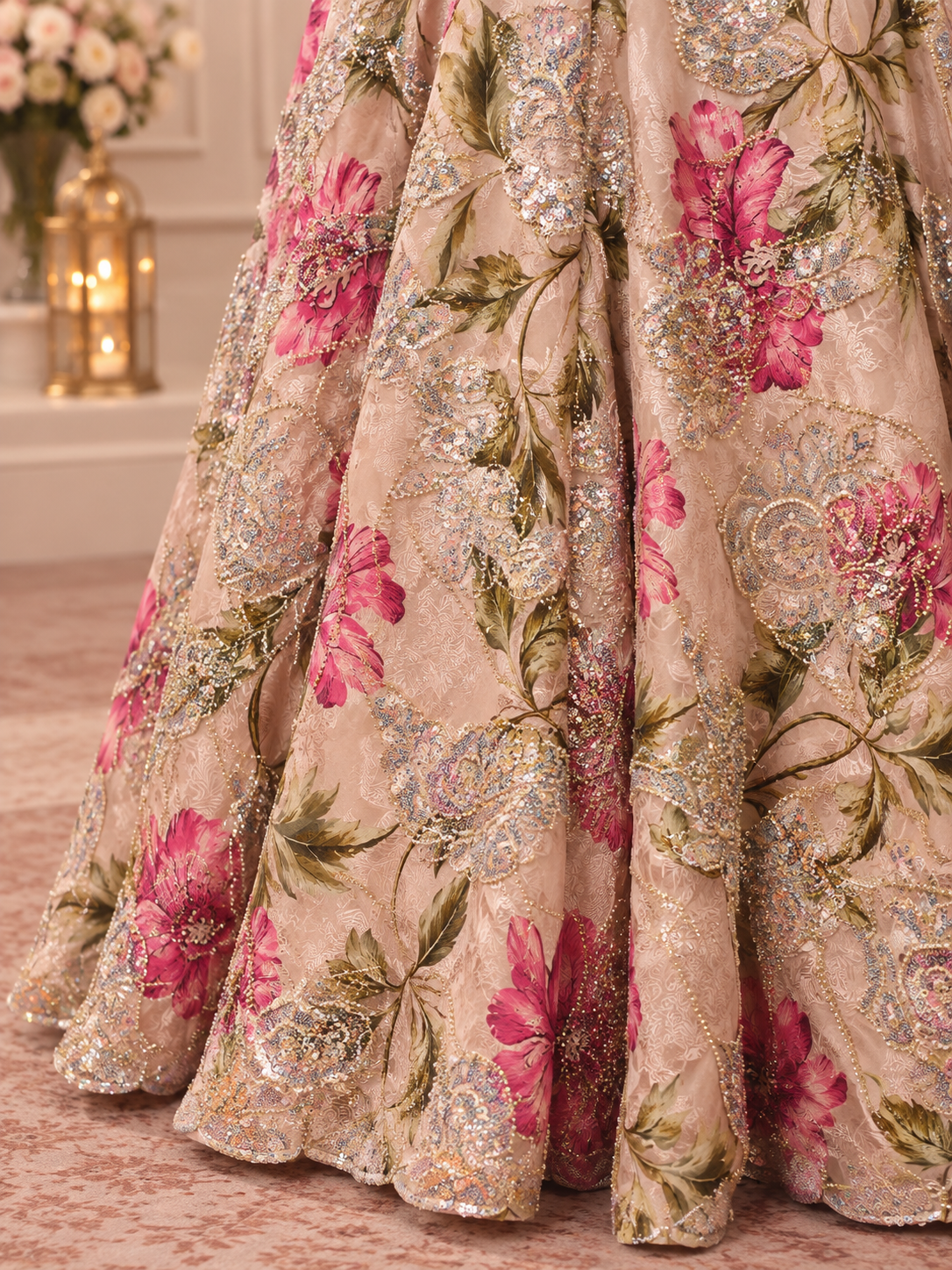 Pink Floral Sequin Anarkali Gown - View 2
